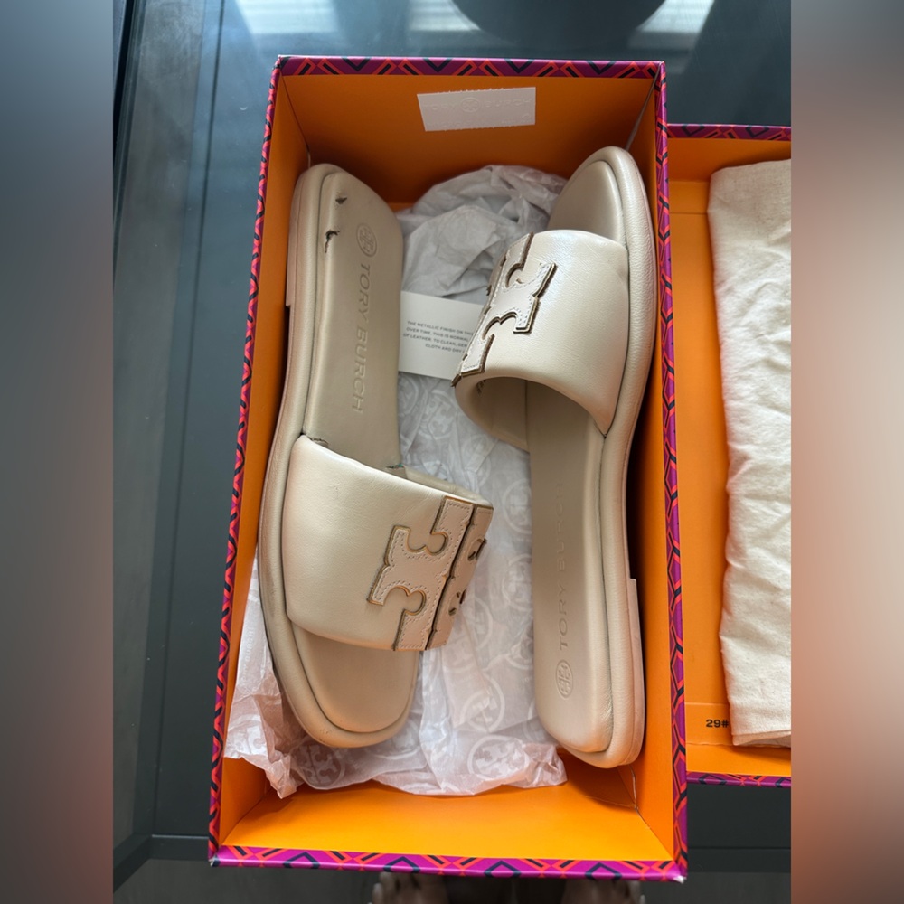 Tory Burch Double T Sport Slide Sandals — Dulce de Leche / Gold (Size 9)